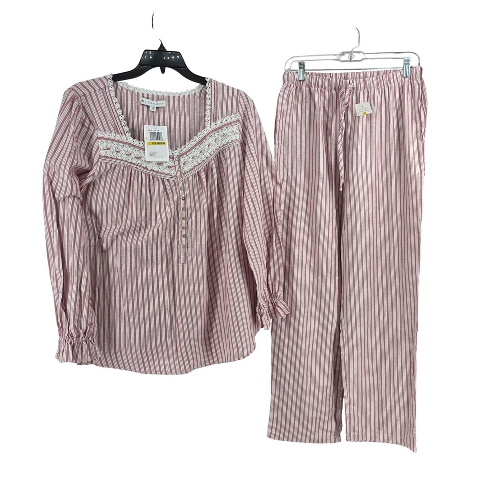 Eileen West Womens Red White Striped Lace Trim Pajama Set Size Medium NWT